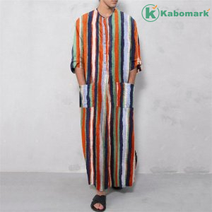 Muslim Men Jubba Thobe Caftan Striped Pockets Button Robes Islamic Arab