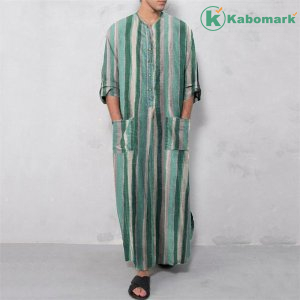 Muslim Men Jubba Thobe Caftan Striped Pockets Button Robes Islamic Arab