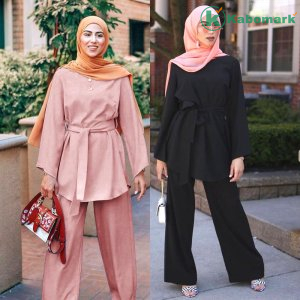 2 Pcs/Set Middle Eastern Muslim Ladies Dress Top Pants Suit Solid Long Sleeve Dresses Trousers Traditional Arabic Islamic Ramadan Clothing Outfits