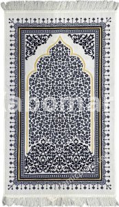 White and Navy Blue Prayer Rug with Intricate Golden Mihrab Design - Thick & Heavy