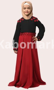 Little Girl Rihana Black & Red Modest Abaya With Pockets